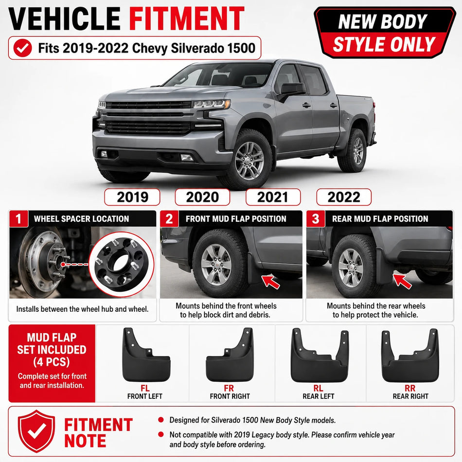 2019-2022 Chevy Silverado 1500 Wheel Spacer & Mud Flap Kit, 6x5.5, 1.5 Inch, M14x1.5, Front & Rear 4PCS