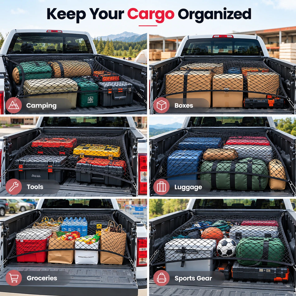 Truck Bed Cargo Net, Stretchable 4' × 4' to 7' × 7' with 8 Hooks