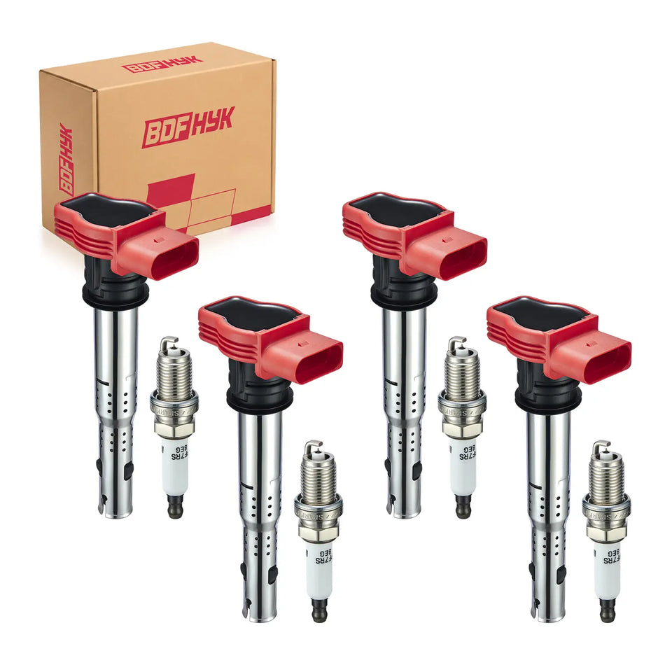 BDFHYK 4 Ignition Coil UF529 and 4 Iridium Spark Plug 4644 for Audi A3, A4, Allroad Quattro, A5 Quattro, Q5, TT Quattro