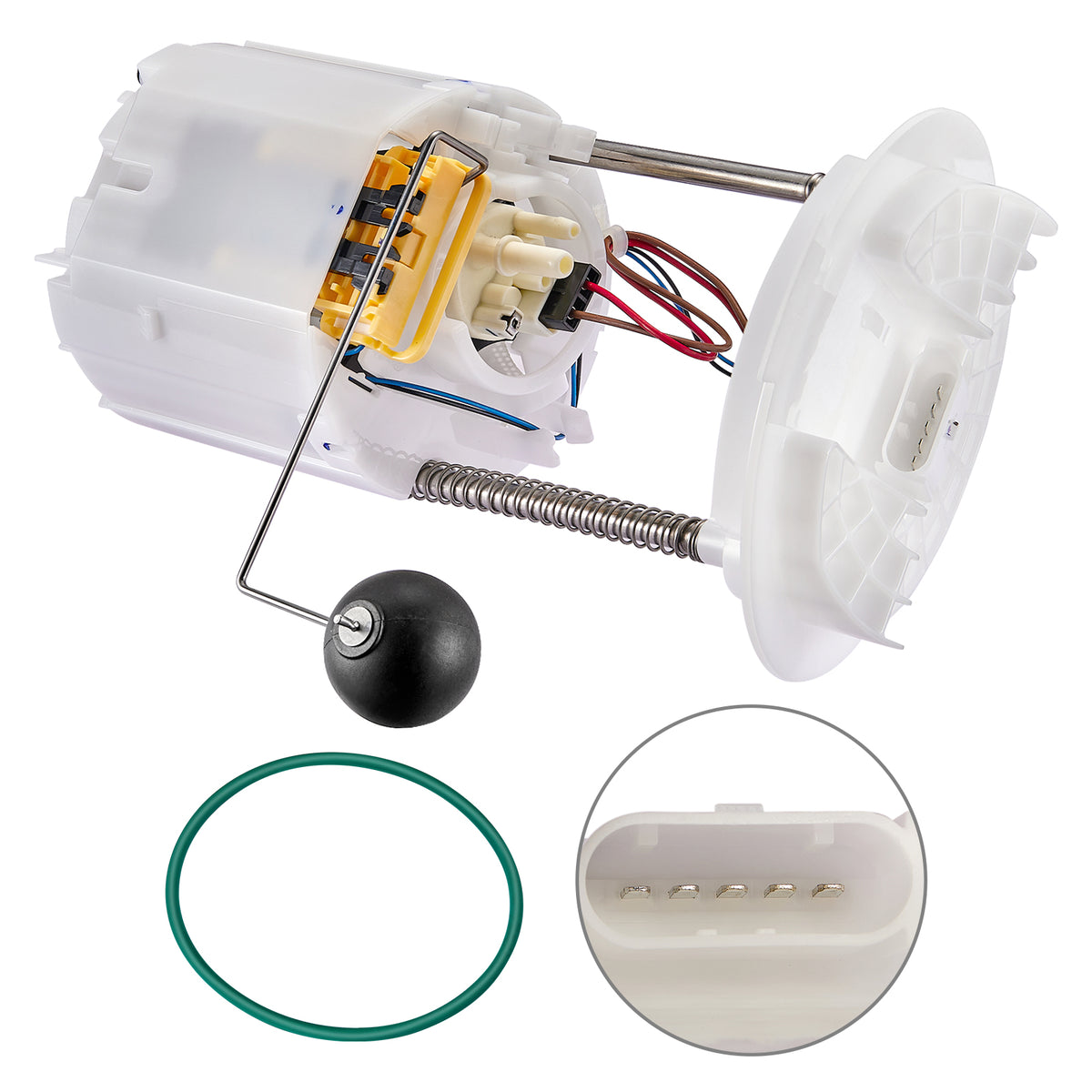 Side angle view of BDFHYK fuel pump assembly module lying down, showing the wire routing, float arm installation, and a clear 5-pin male terminal socket view.