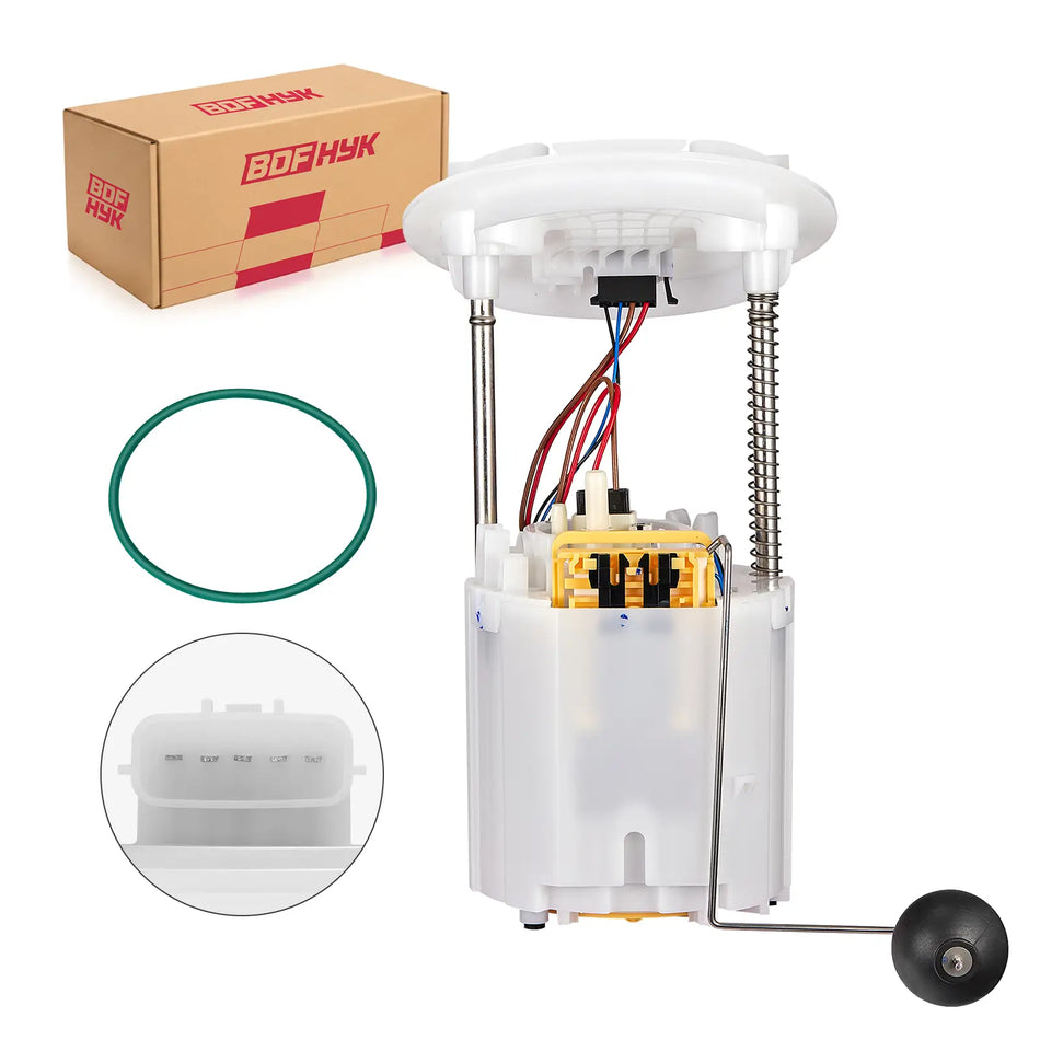 BDFHYK fuel pump assembly with premium packaging box, O-ring seal, and detailed 5-pin electrical connector plug insert view for Dodge and Chrysler muscle cars.